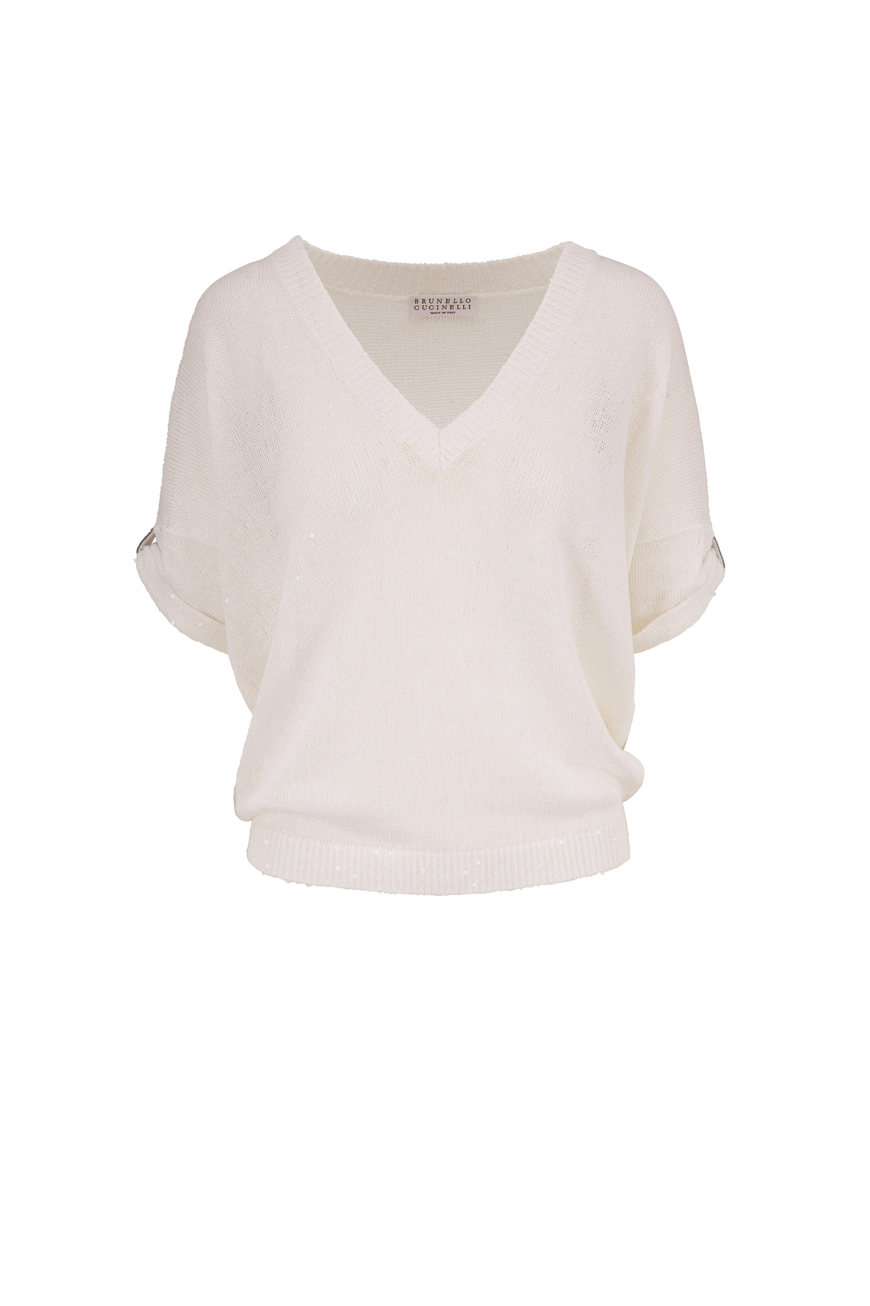 Brunello Cucinelli - White Linen & Silk Paillette Short Sleeve Sweater