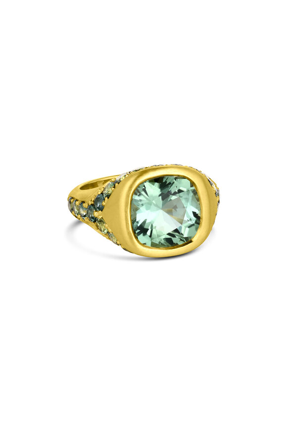 Leigh Maxwell 18k Yellow Gold Tourmaline & Sapphire Bezel Ring