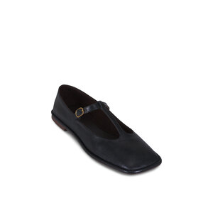 【THE ROW】BLACK SQUARE T LEATHER FLATS Square T-Strap leather flats in black - The Row | Mytheresa