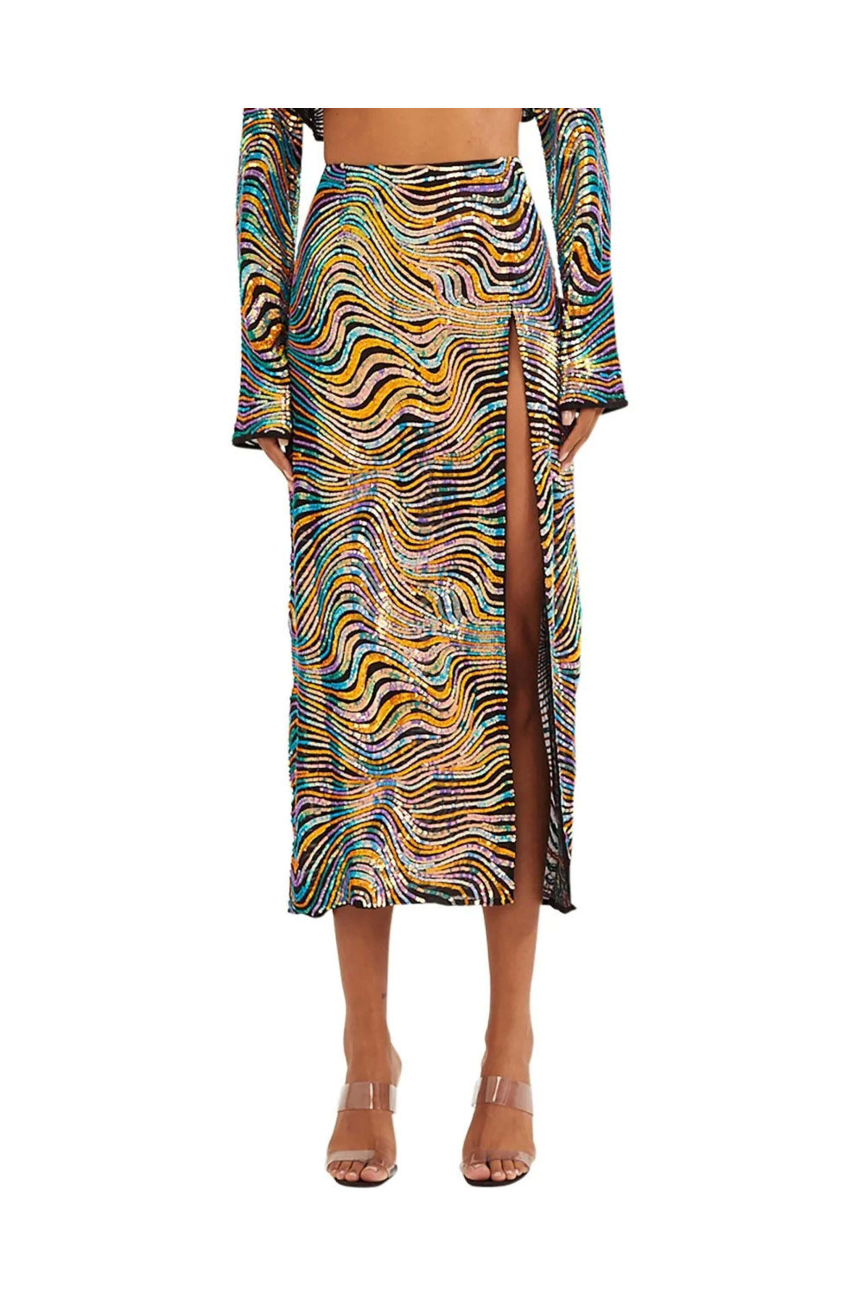 LaPointe - Black Multicolor Swirl Sequin Midi Skirt