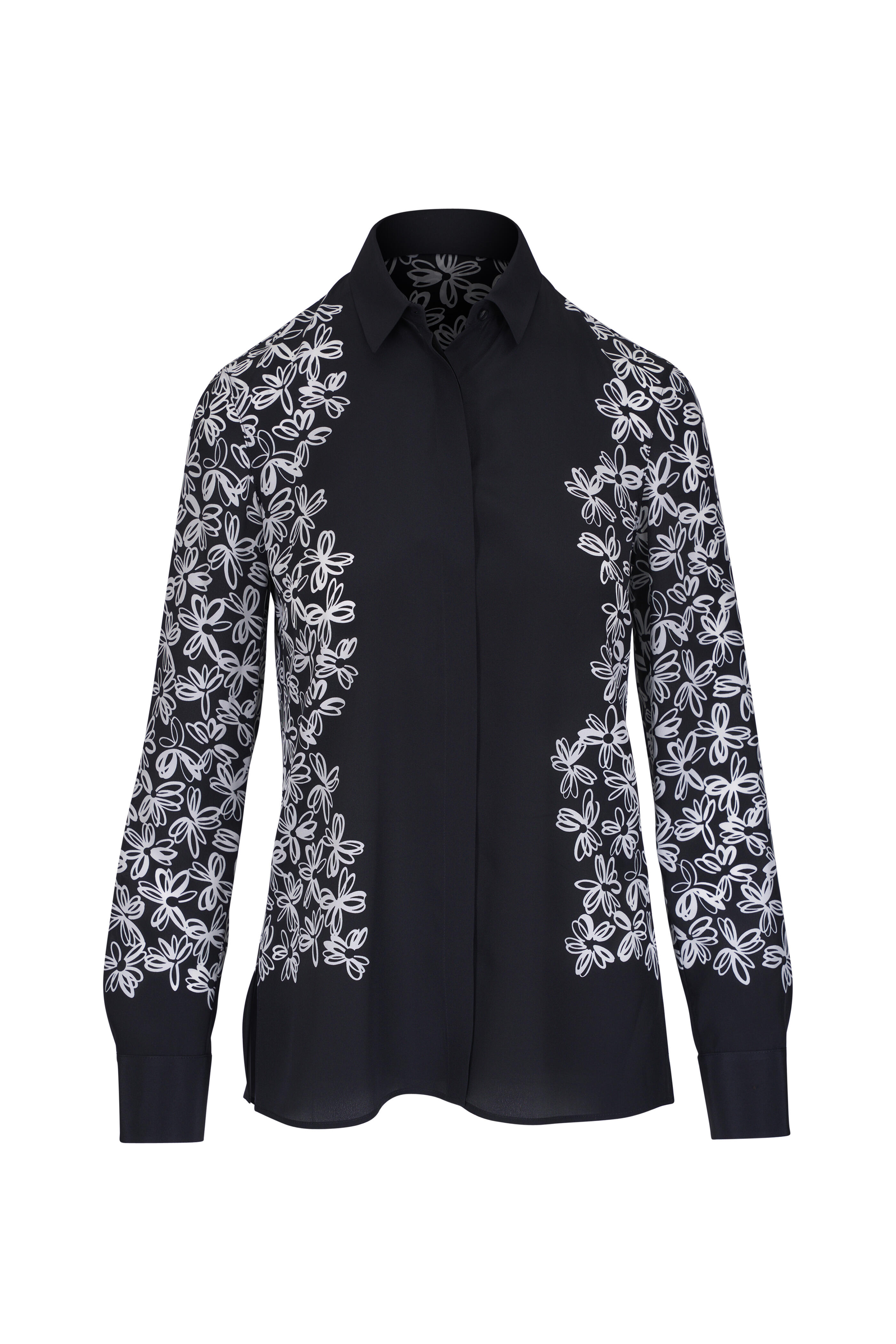 Akris Punto - Daisy Print Black & Cream Button Down Silk Blouse