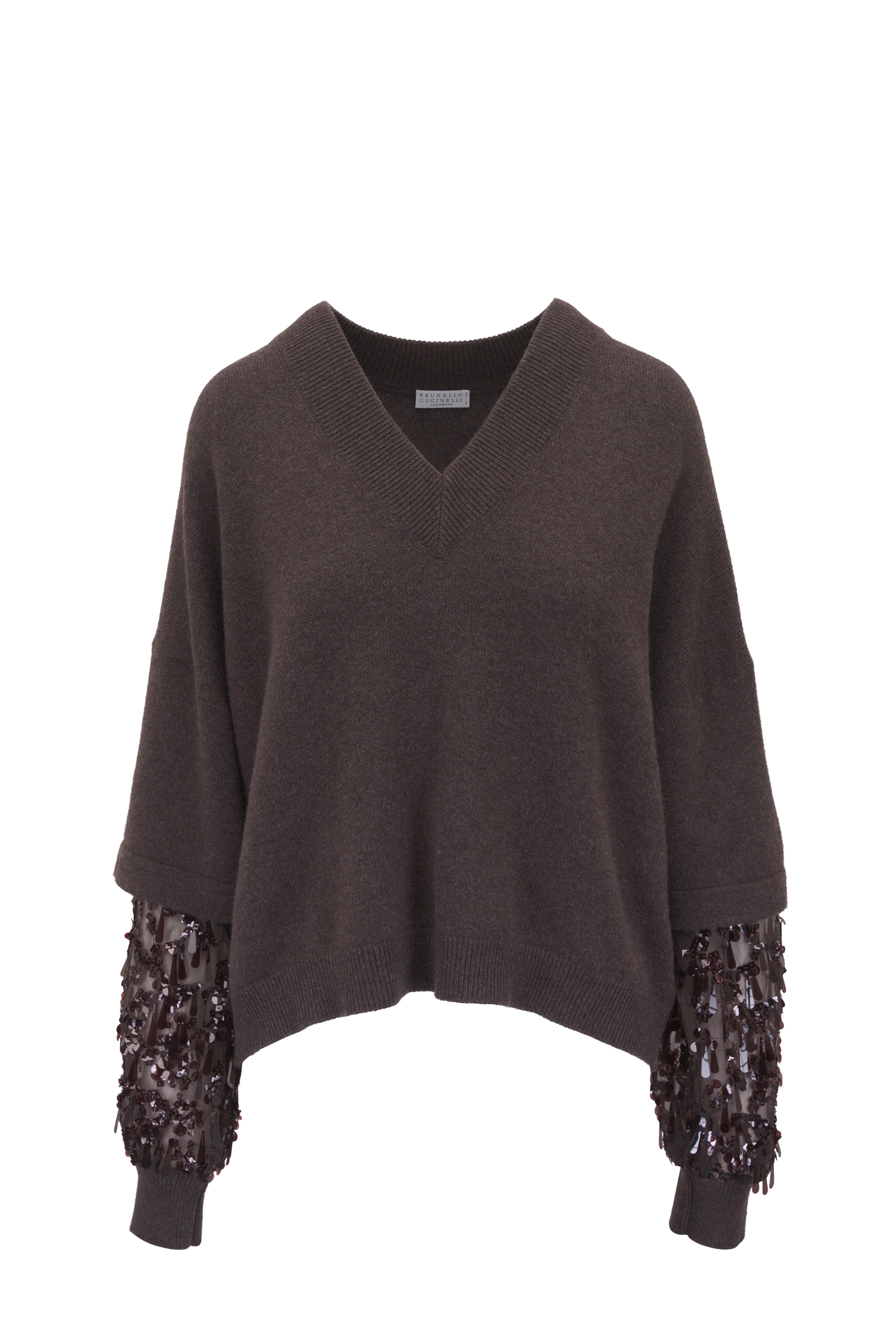 Brunello Cucinelli - Dark Brown Drop Paillette Sleeve Sweater