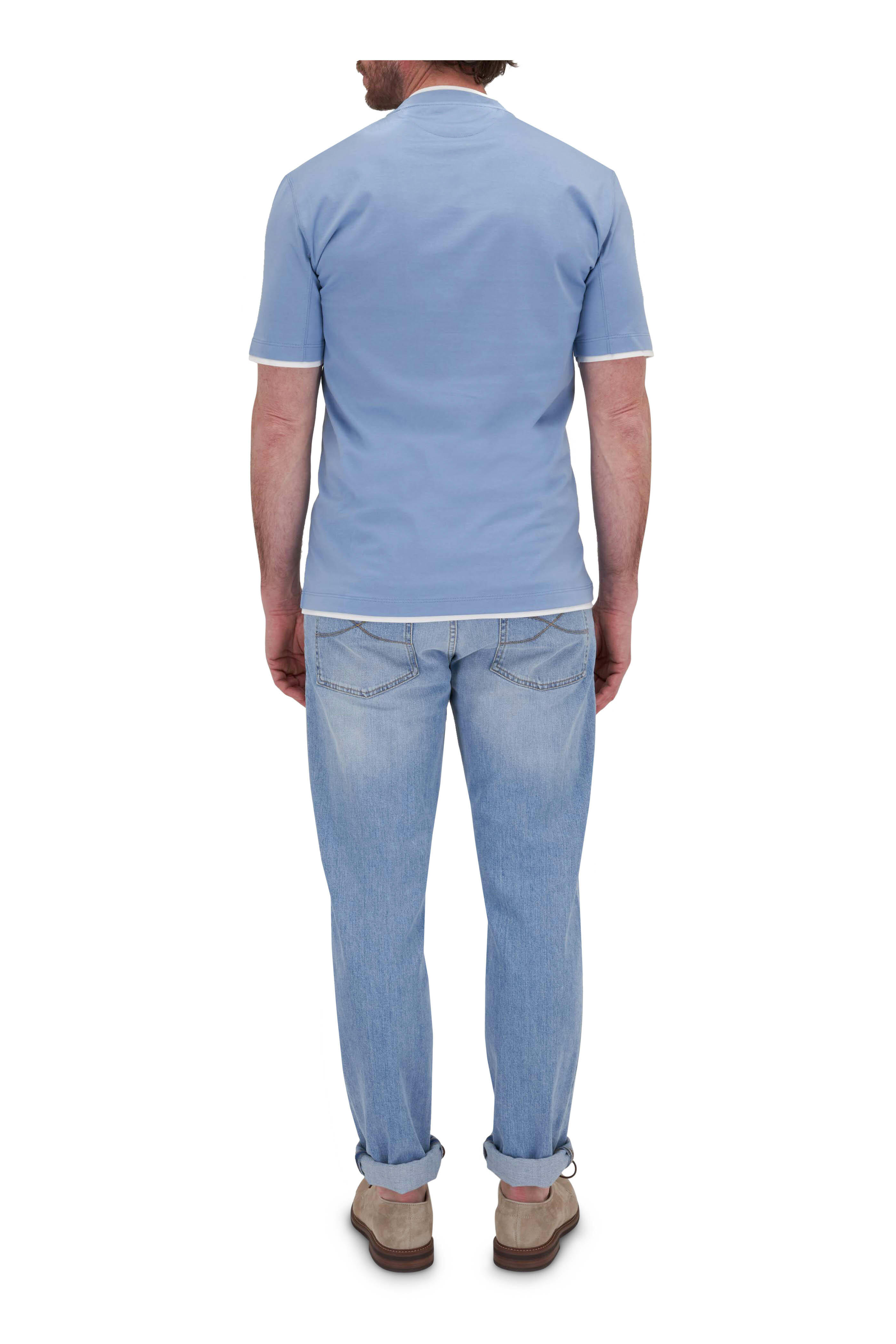 Brunello Cucinelli - Light Blue & White Cotton Regular Fit T