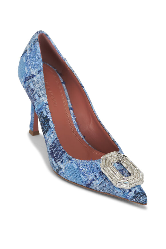 Amina Muaddi Camelia Tweed Blue Denim Pump, 90mm