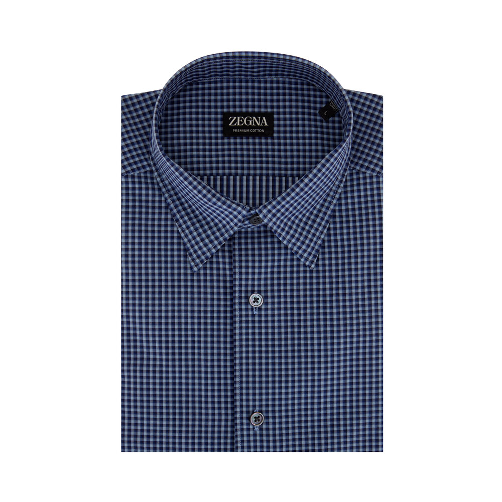 Zegna - Dark Blue Mini Check Cotton Sport Shirt | Mitchell Stores