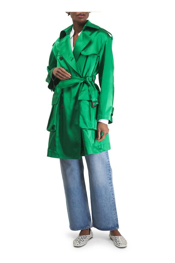 Dries Van Noten Rondarti Green Satin Double Breasted Coat - view 2