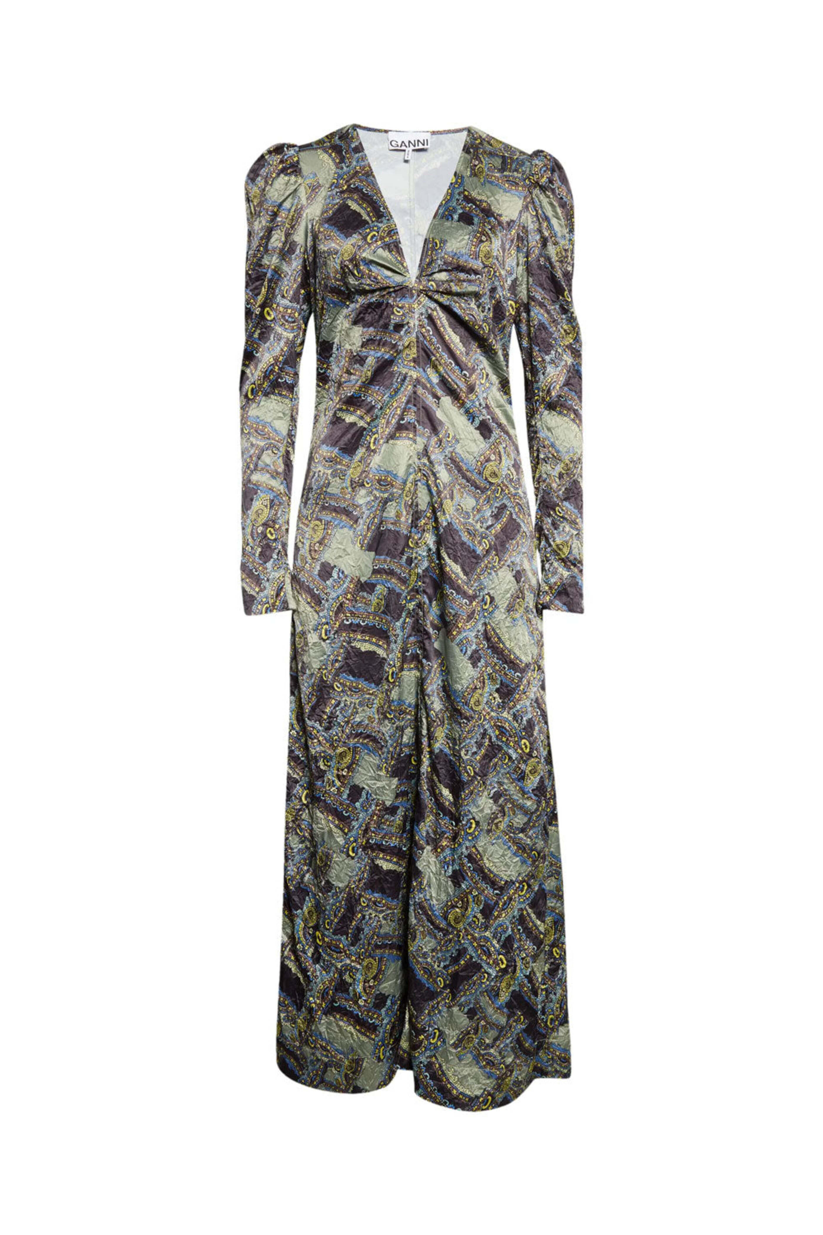 Ganni - Paisley Weave Black Crinkled Satin Maxi Dress