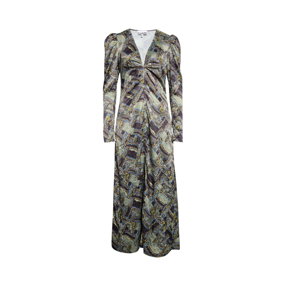 Ganni - Paisley Weave Black Crinkled Satin Maxi Dress