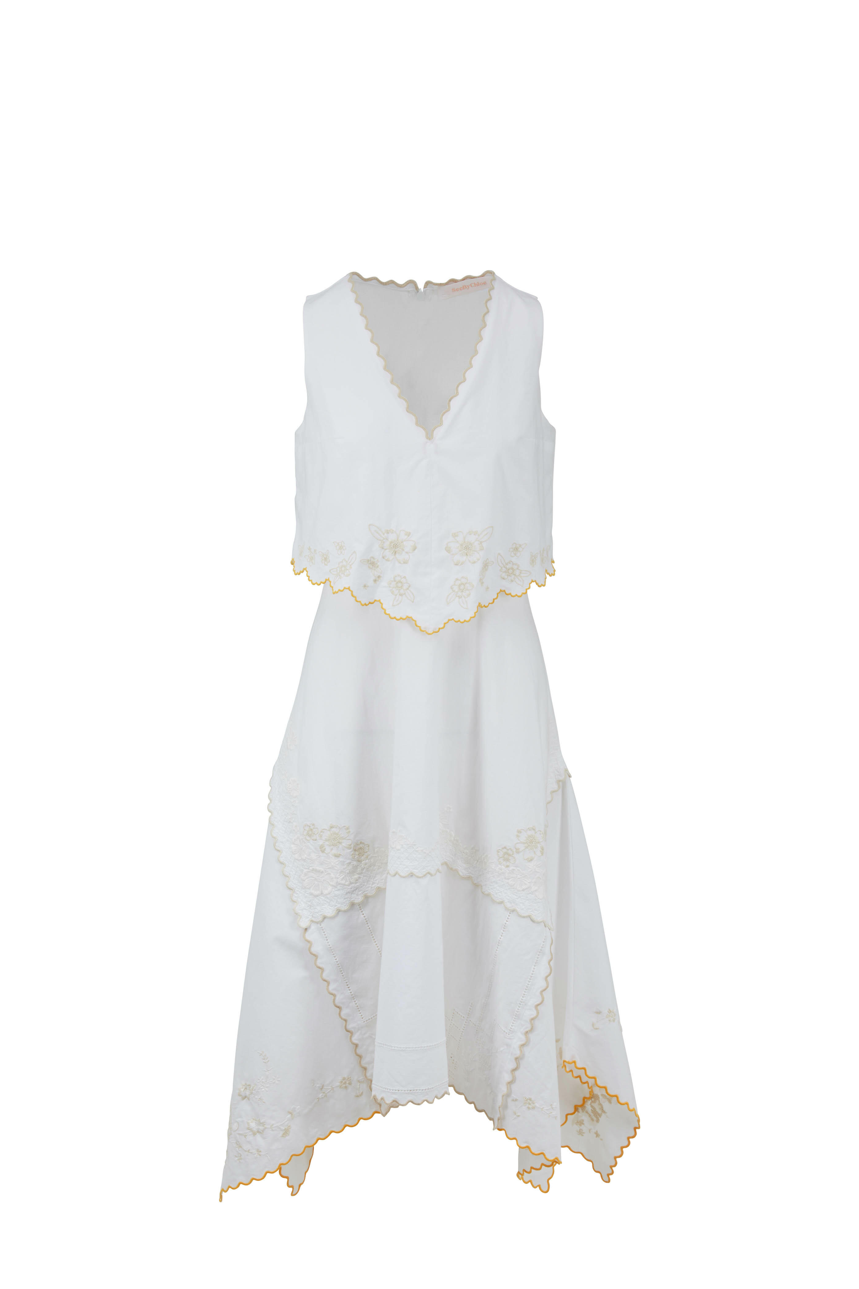 See by Chlo - White & Yellow Cotton Scarf Sleeveless Dress See by Chlo - White & Yellow Cotton Scarf Sleeveless Dress