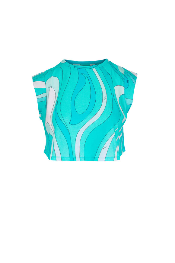 Pucci Turquoise Sleeveless Jersey Cotton Cropped T-Shirt