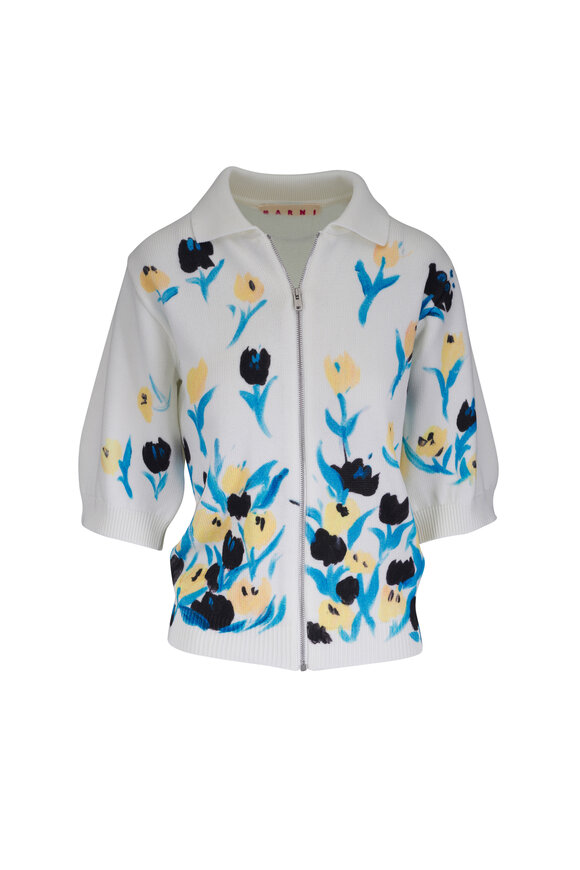 Marni Vanilla Floral Print Zip Up Cardigan