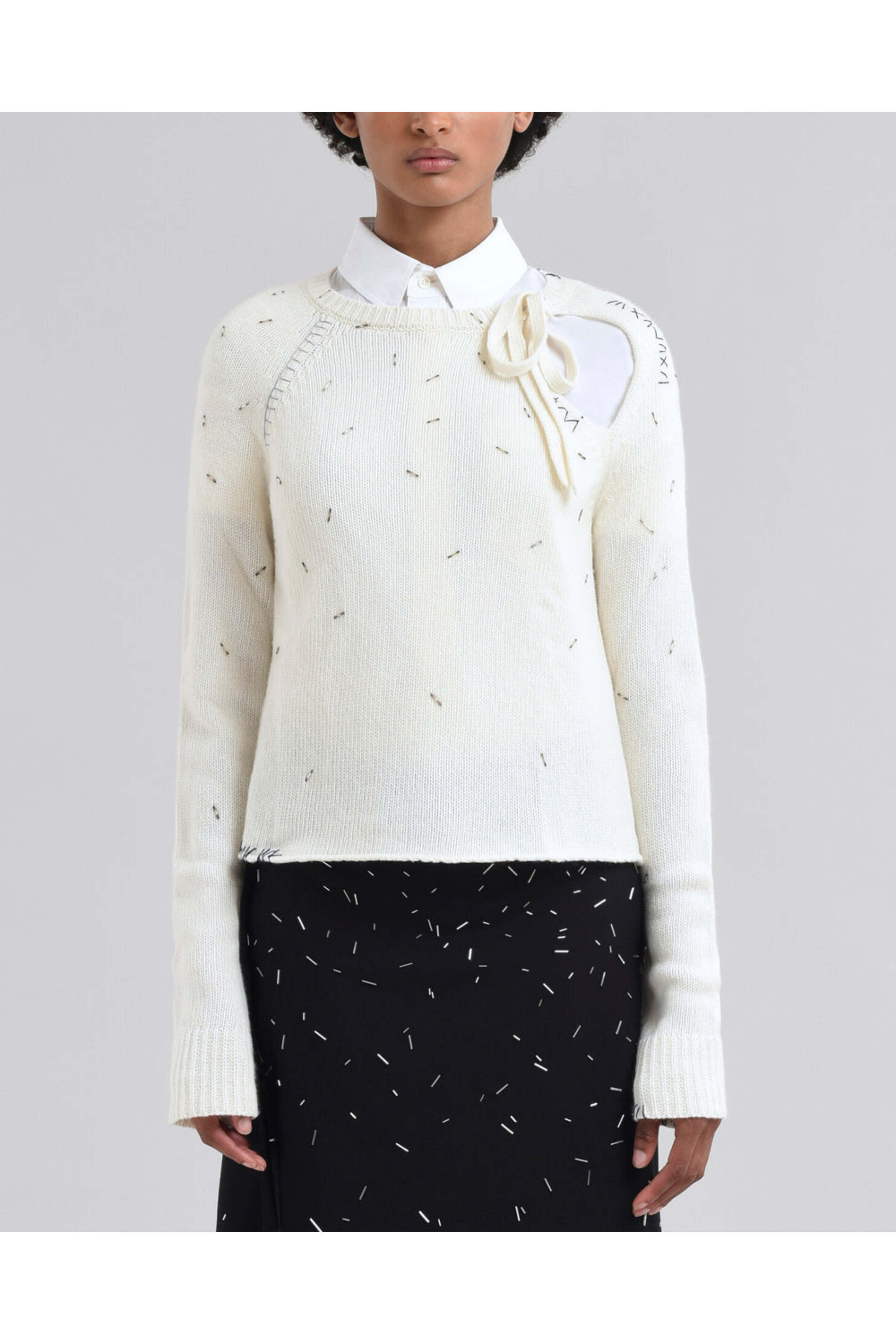 Marni - Ivory Embellished Tie Neck Sweater