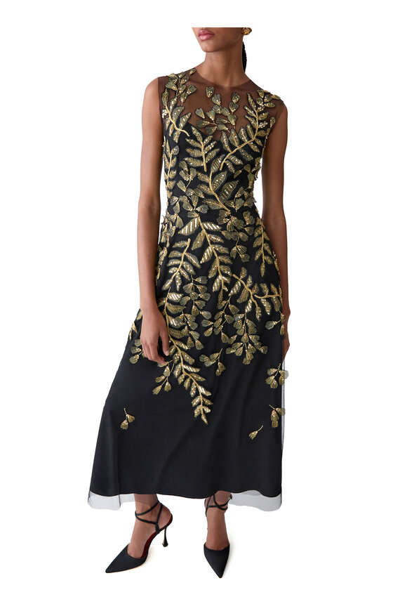 Carolina Herrera Black Leaf-Embroidered Embellished Tulle Dress - view 4