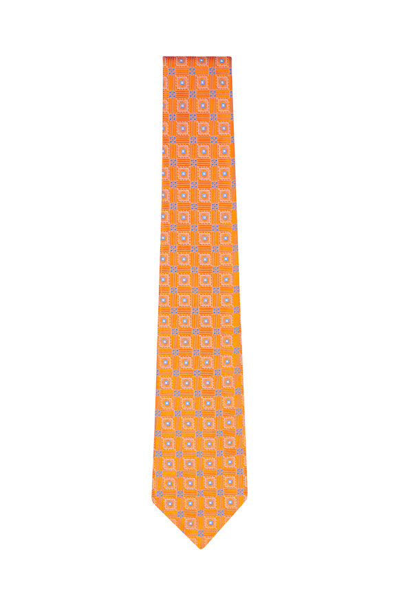 Kiton Orange Geometric Print Silk Necktie