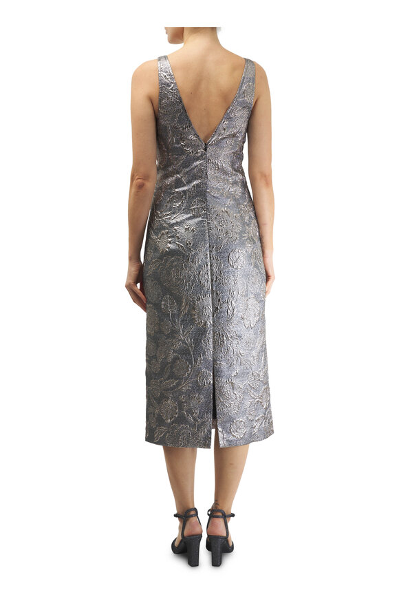 Totême - Silver V-Neck Brocade Midi Dress