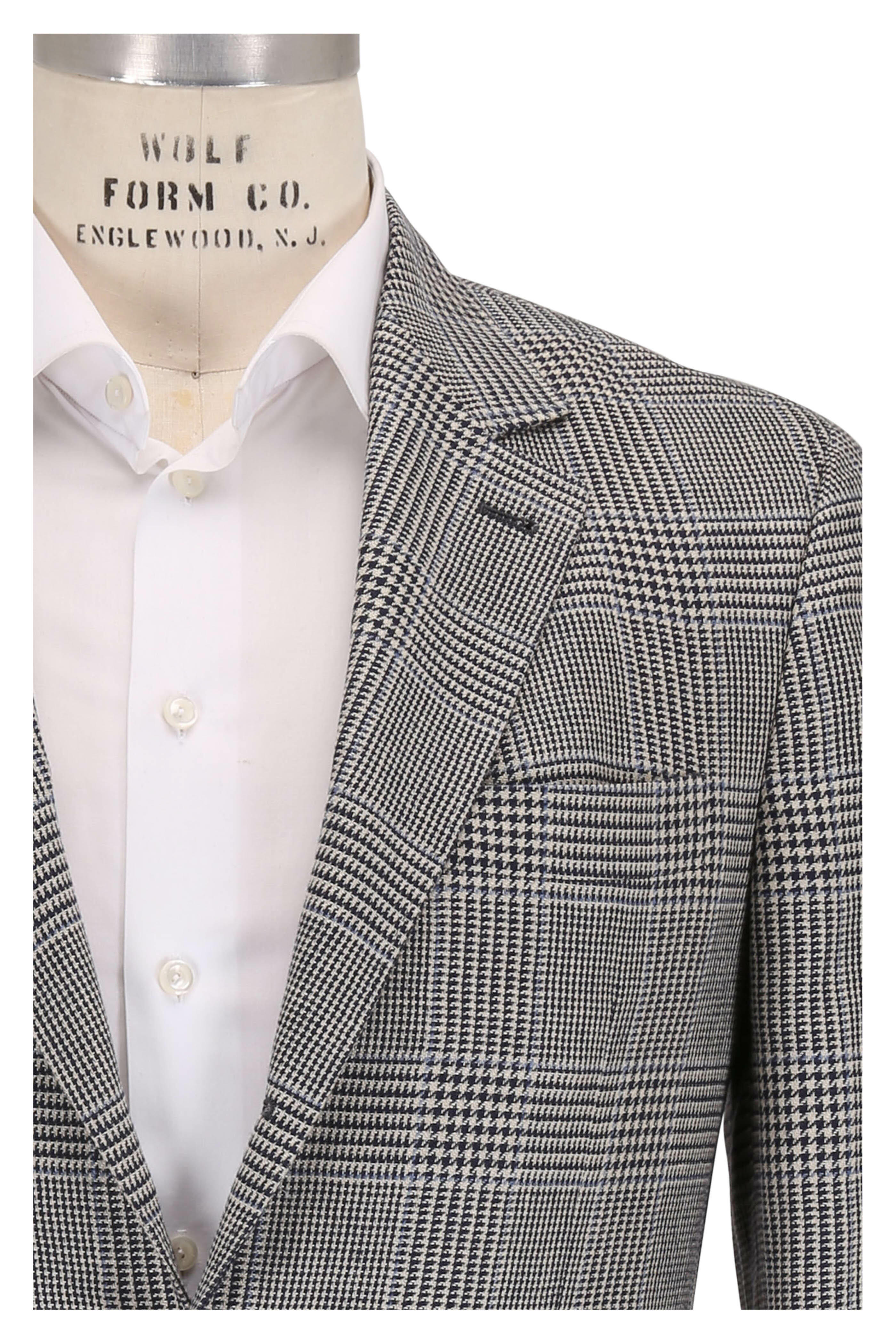 Brunello Cucinelli - Navy Blue Linen & Wool Blend Plaid Sportcoat - view 1