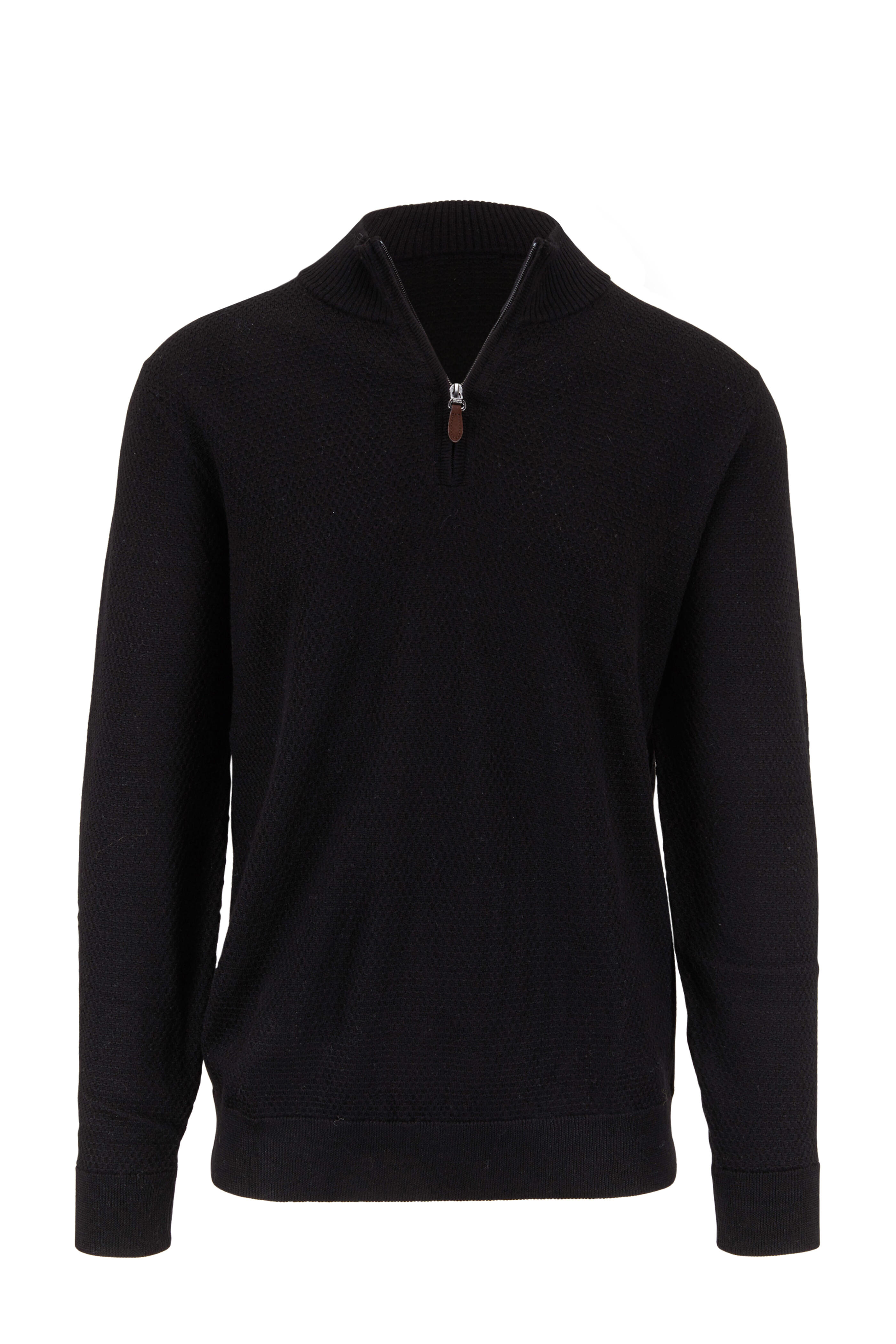 Raffi - Black Waffle Stitch Merino Wool Quarter-Zip