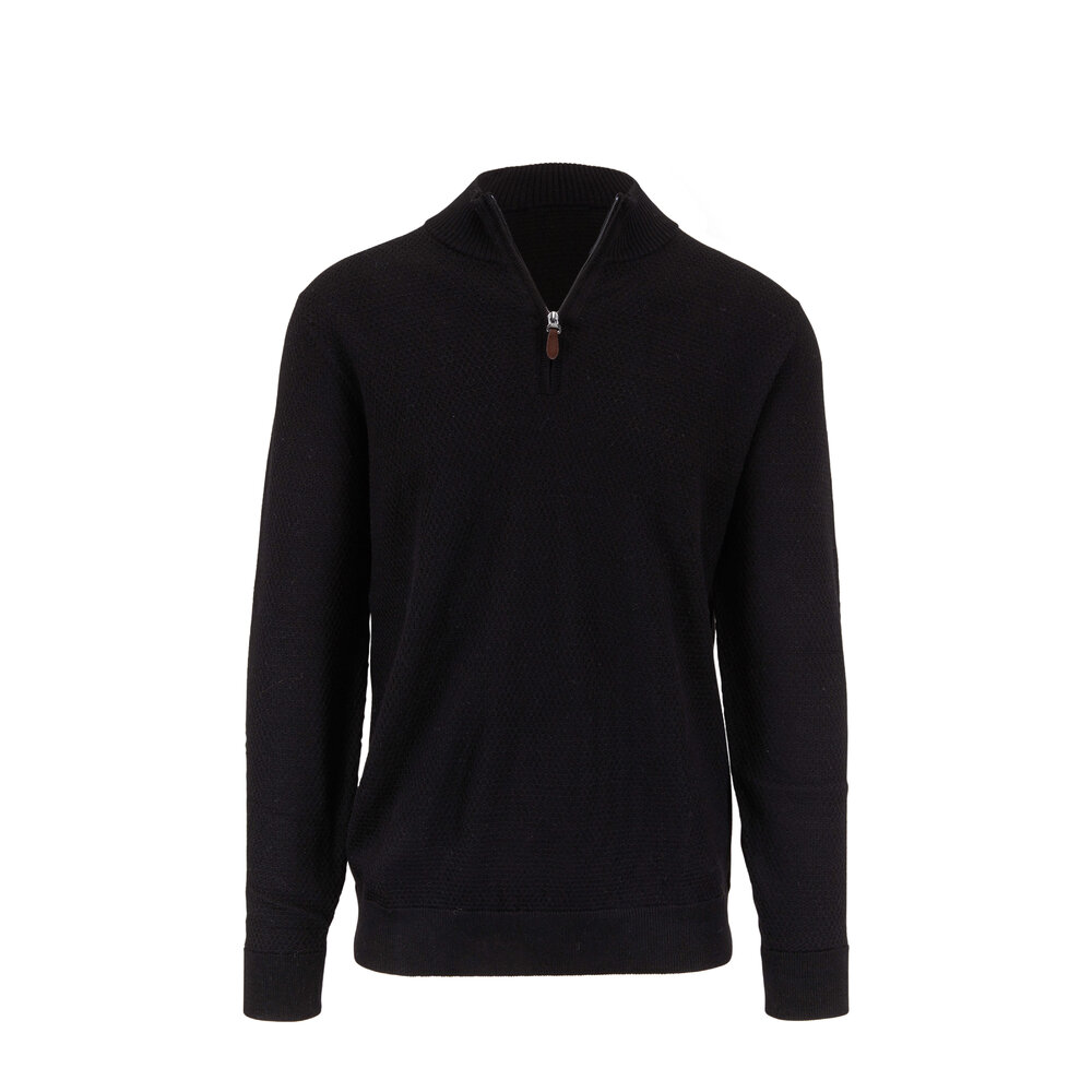 Raffi - Black Waffle Stitch Merino Wool Quarter-Zip