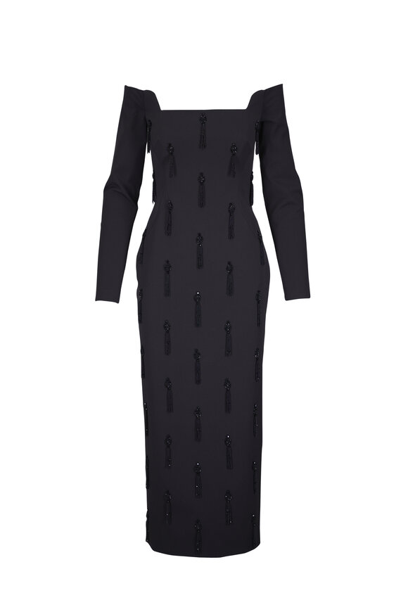 Lela Rose Black Tassel Embroidered Off-The-Shoulder Dress - view 1