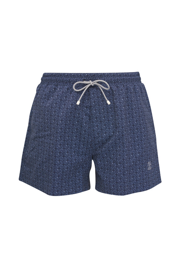 Brunello Cucinelli Navy Geometric Swim Trunks