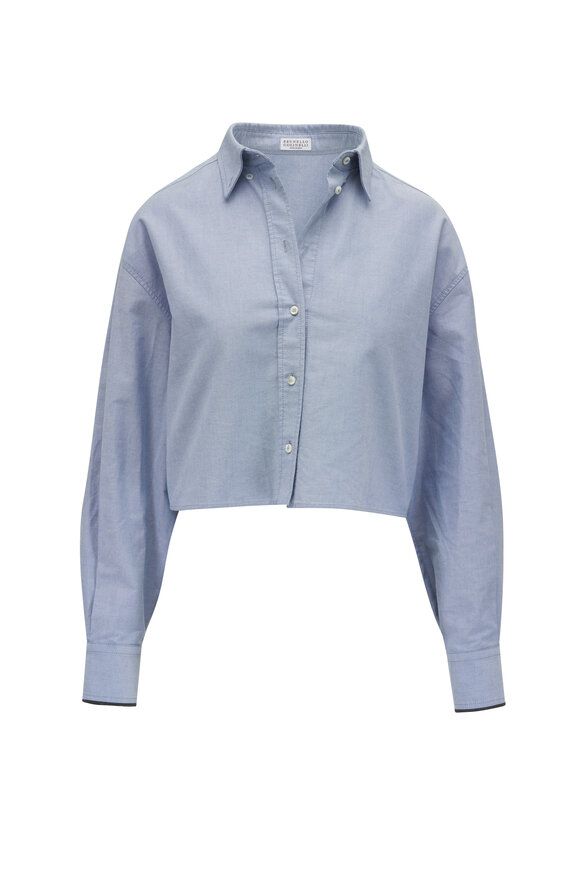 Brunello Cucinelli - Blue Cotton Monili Trim Crop Button Down Shirt