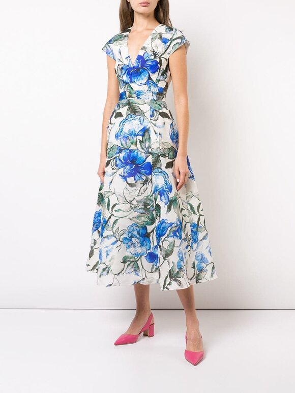 Carolina Herrera - Blue Hibiscus Print Faux Wrap Dress