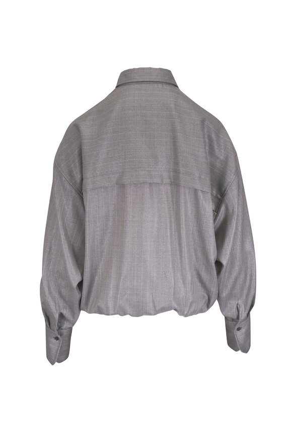 Brunello Cucinelli Gray Lightweight Lurex Pinstripe Wrap Blouse - view 3