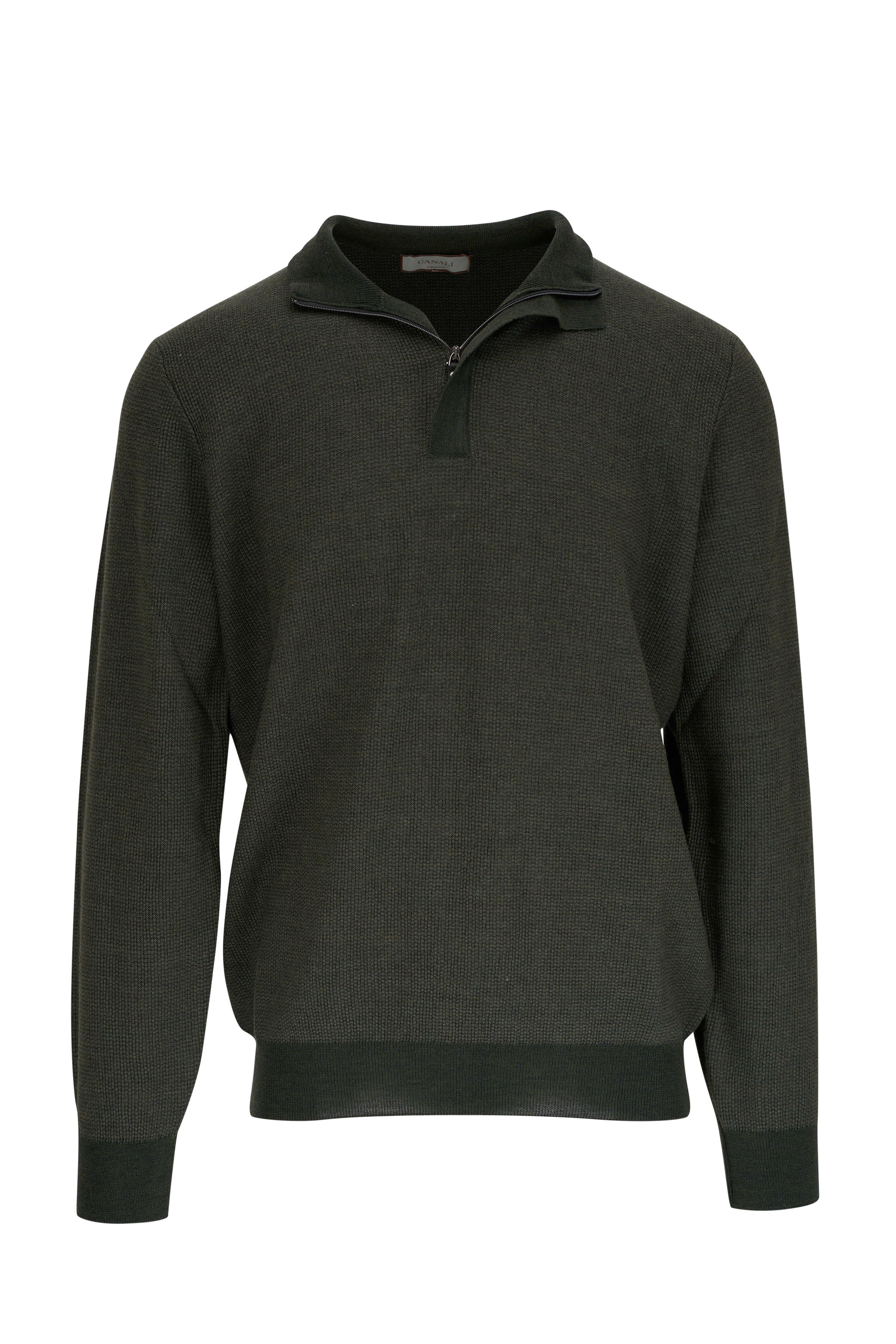 Canali - Olive Textured Wool Quarter Zip Pullover