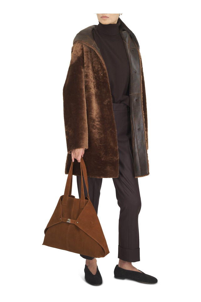 Designer outfit featuring Brown Reversible Shearling Oversized Coat, Medium Ai Cuoio Suede Shoulder Tote and 3 other pieces