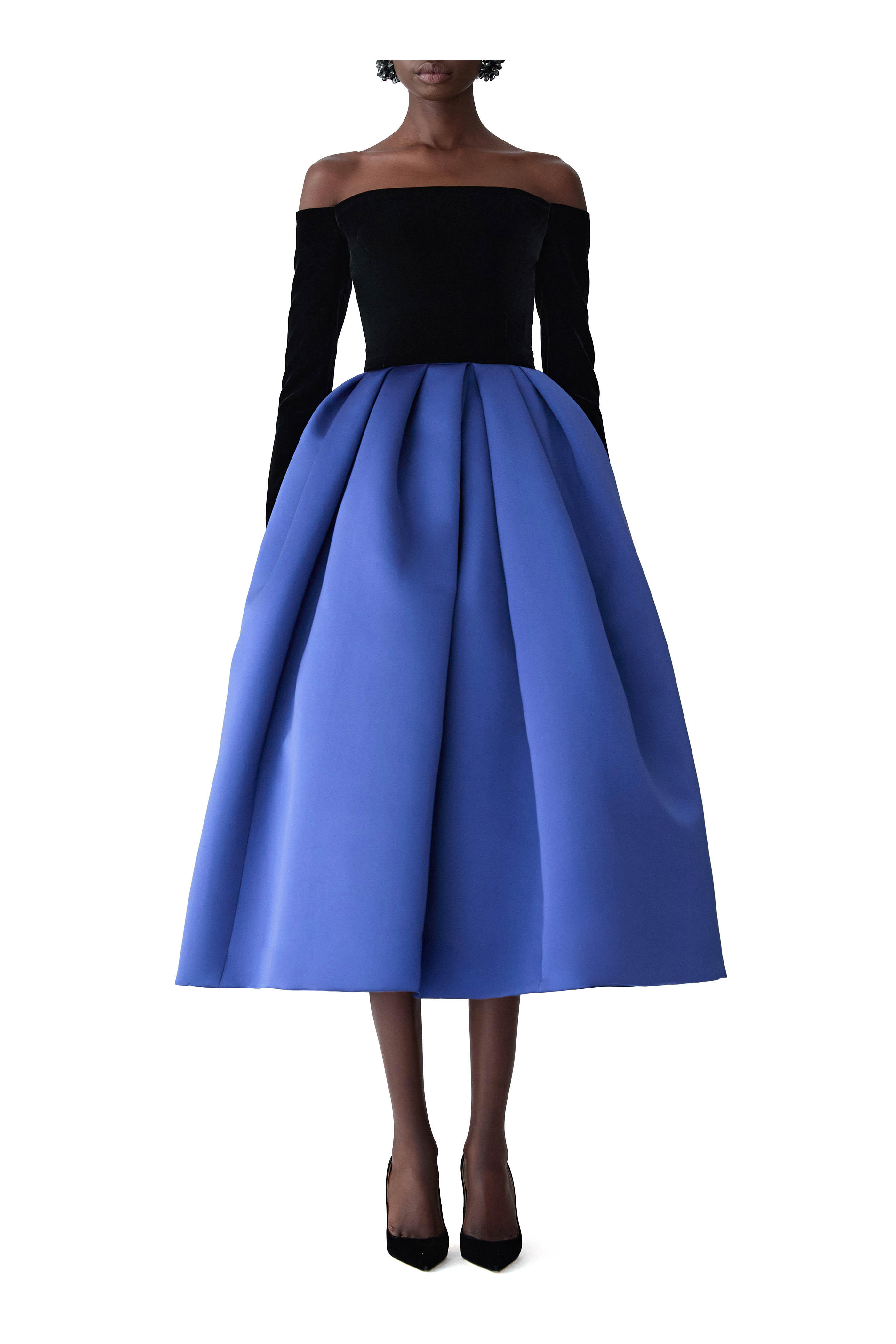 Carolina Herrera - Off-The-Shoulder Black & Navy Combo Midi Dress