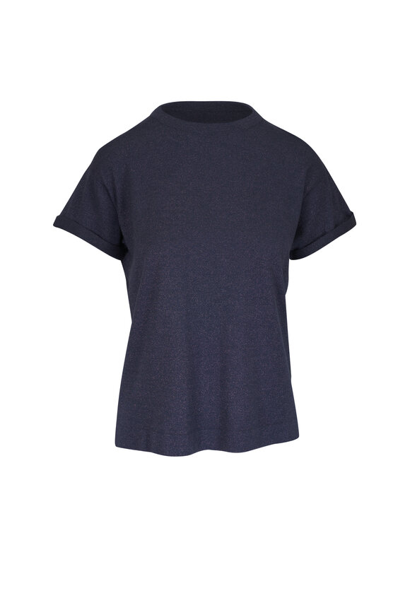 Brunello Cucinelli Navy Blue Lurex Cuffed Sleeve T-Shirt