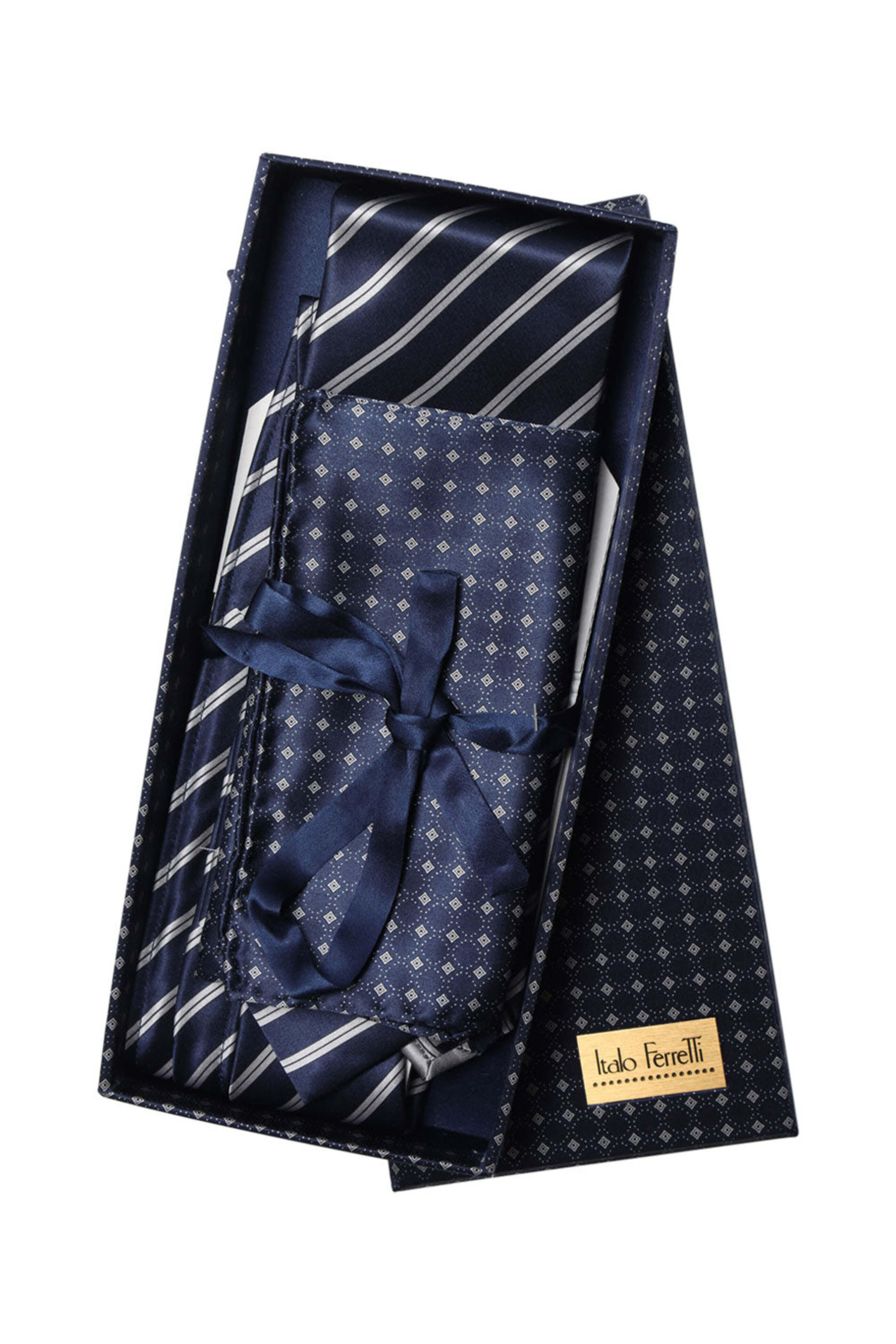 美品☆Italo Ferretti シルクネクタイ 箱入り イタリア製 Italo Ferretti - Navy and Silver Tie and Pocket Square Gift Box