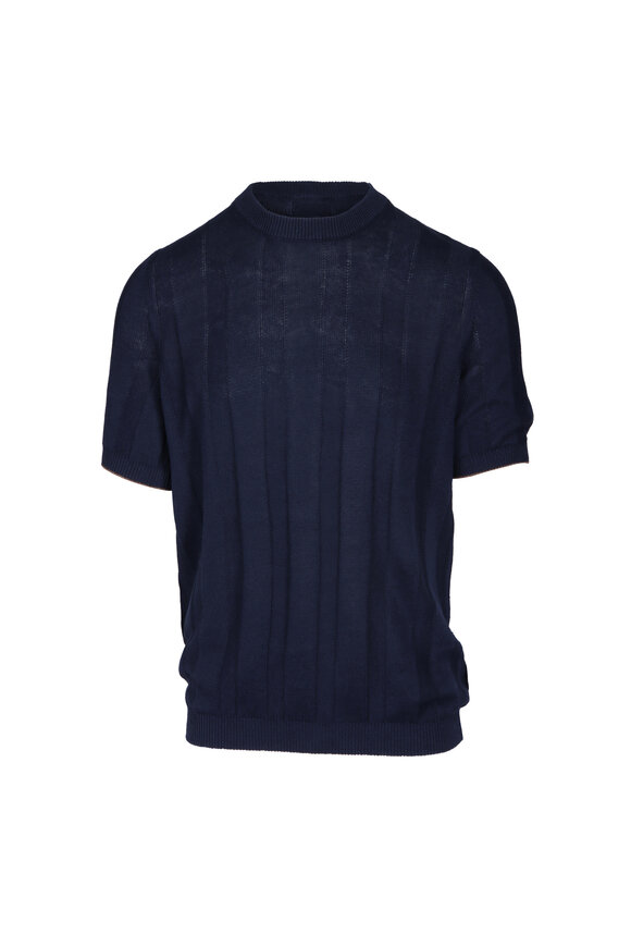 Brunello Cucinelli Navy Blue Short Sleeve Crewneck Sweater - view 1