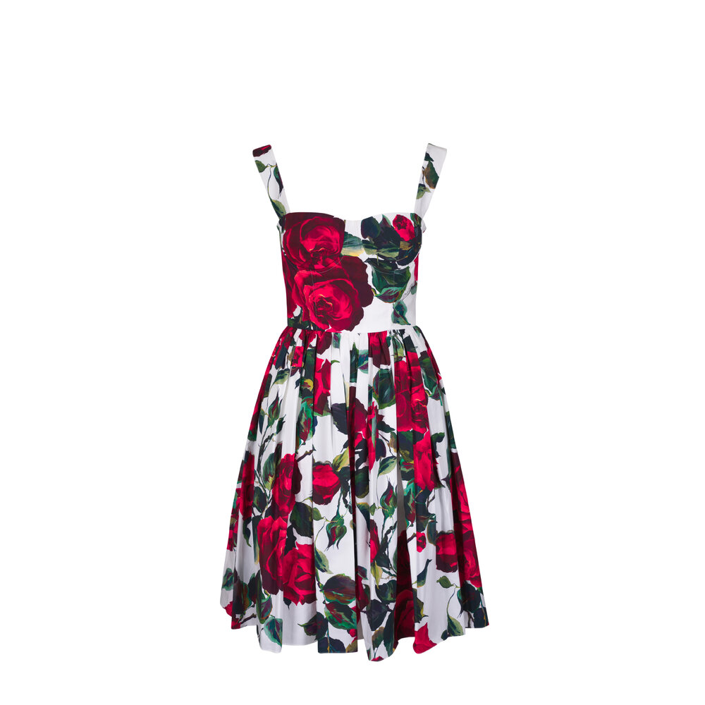 Dolce & Gabbana - Red Rose Print Cotton Poplin Corset Dress