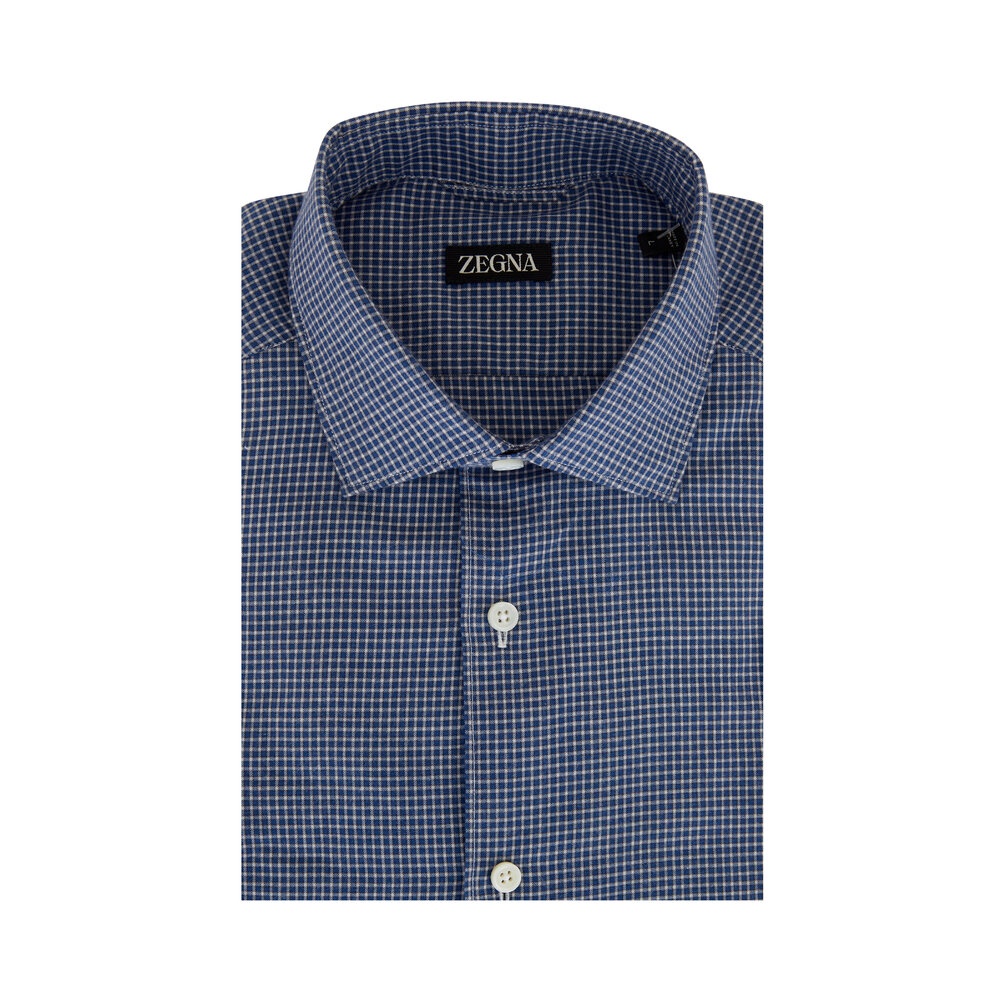 Zegna - Navy Blue Mini Check Sport Shirt | Mitchell Stores