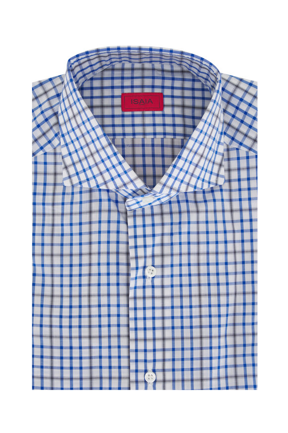 Isaia - White, Blue & Brown Check Cotton Dress Shirt