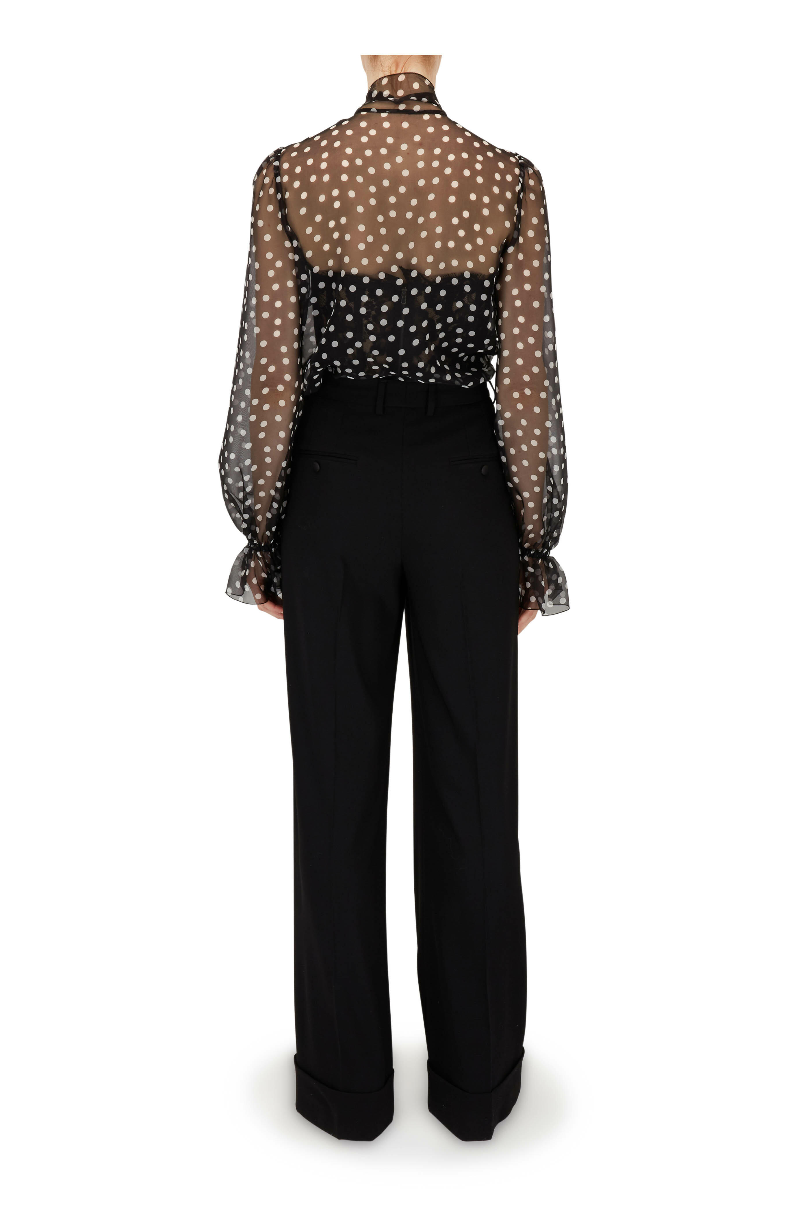 Dolce & Gabbana - Black & White Polka Dot Organza Tie Neck Blouse