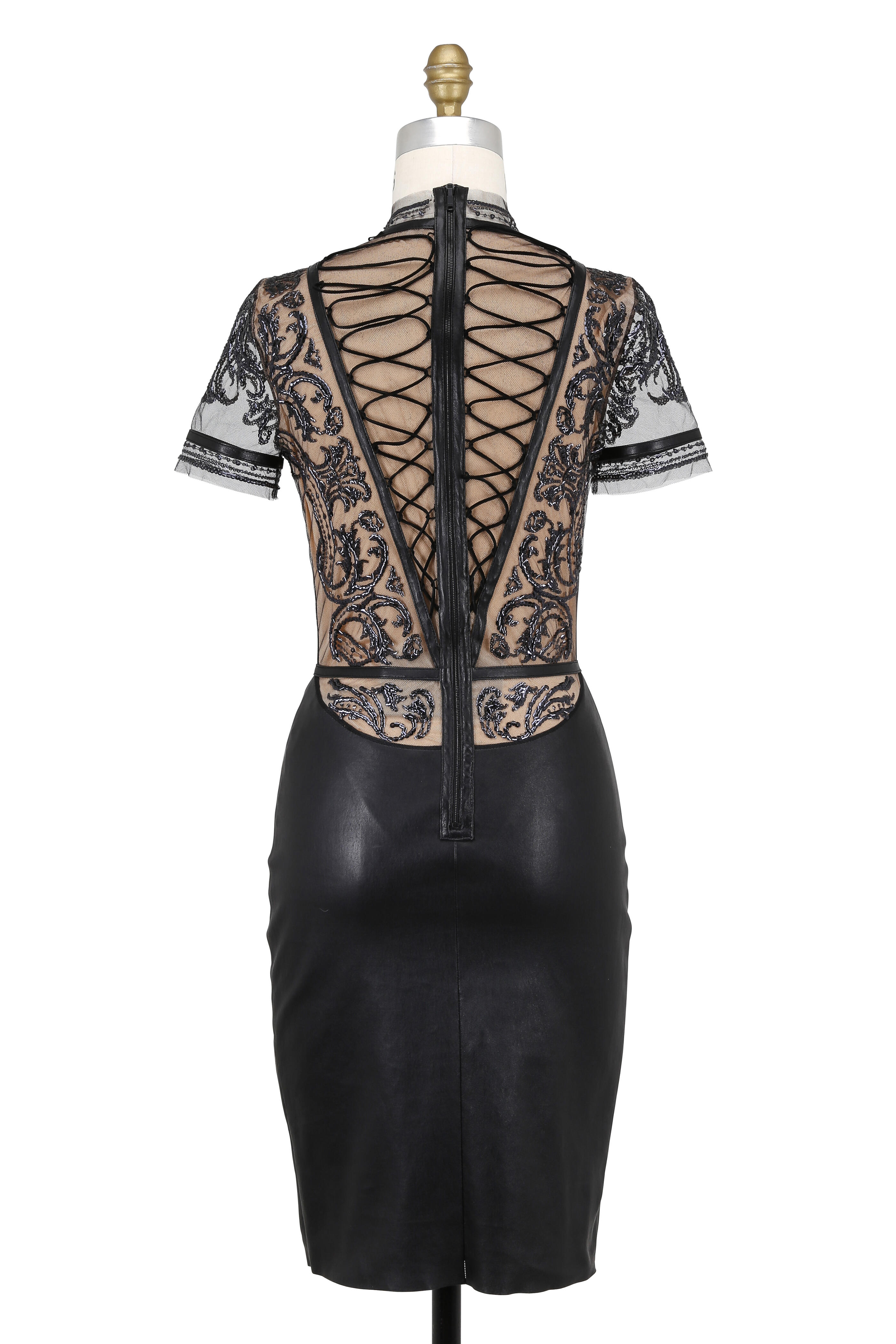 Jitrois - Queen Black Leather Embroidered Mesh Bodice Dress