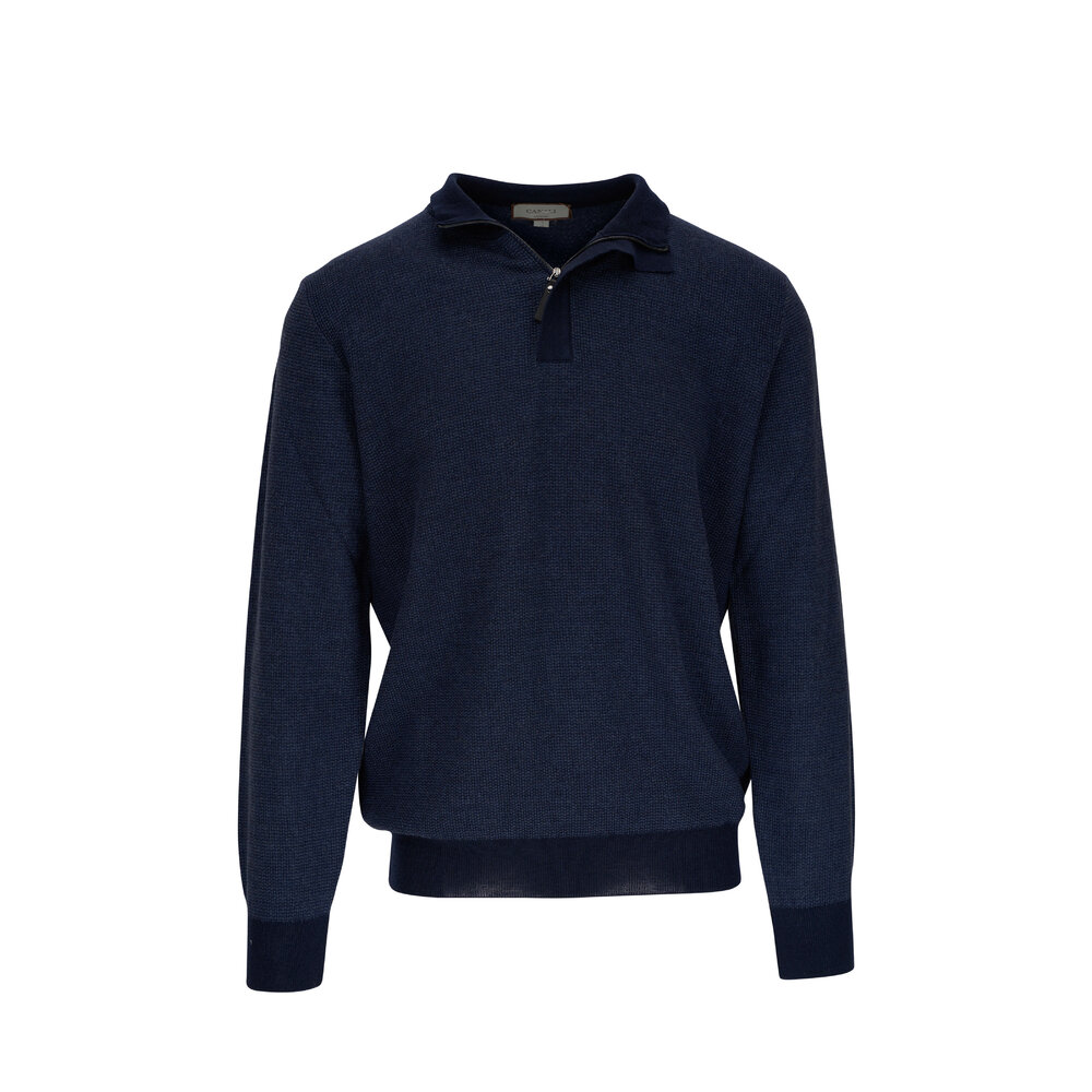 Canali - Navy Textured Wool Quarter Zip Pullover
