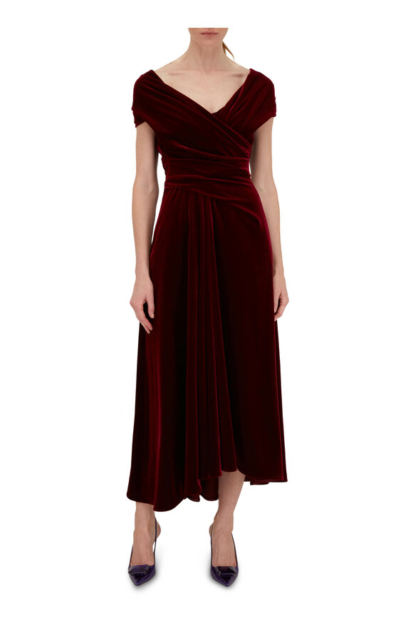 Talbot Runhof - Burgundy Stretch Velvet Midi Dress