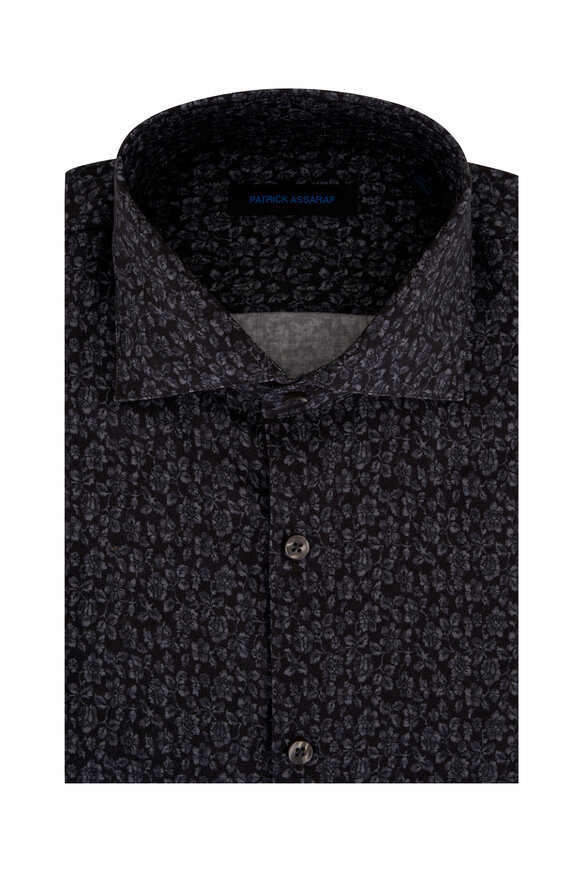 Patrick Assaraf - Charcoal Floral Print Cotton Sport Shirt