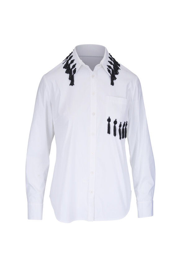 Lela Rose White Tassel Embroidered Cotton Poplin Shirt - view 1