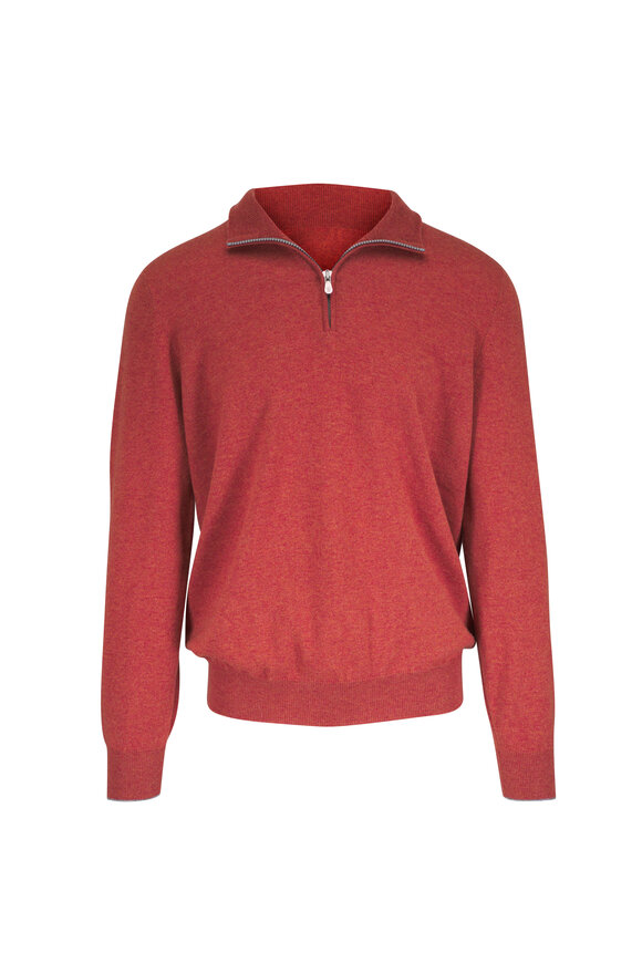Brunello Cucinelli Orange Cashmere Quarter-Zip Pullover