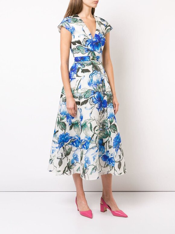 Carolina Herrera - Blue Hibiscus Print Faux Wrap Dress