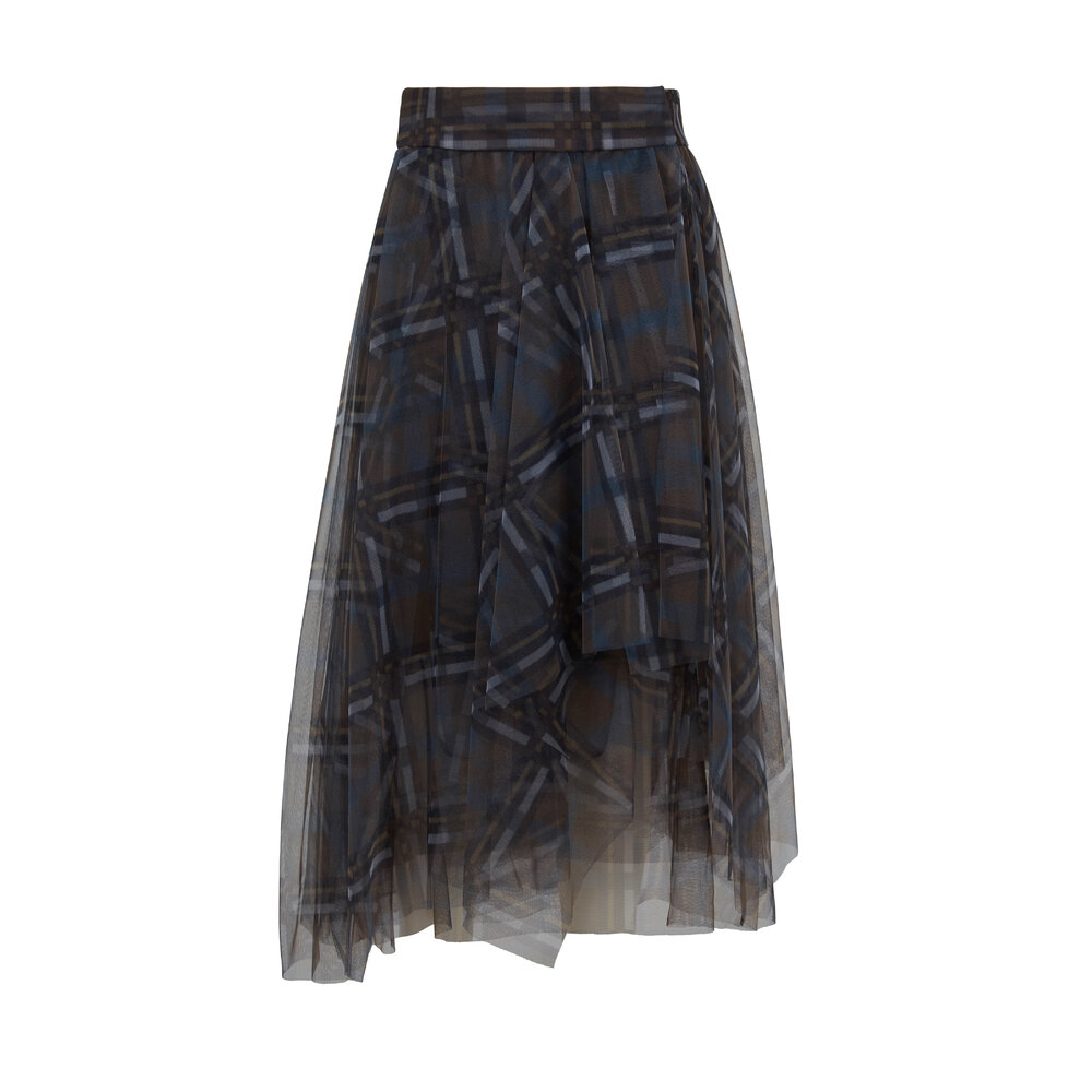 Brunello Cucinelli - Lagoon Tulle Plaid Pleated Skirt