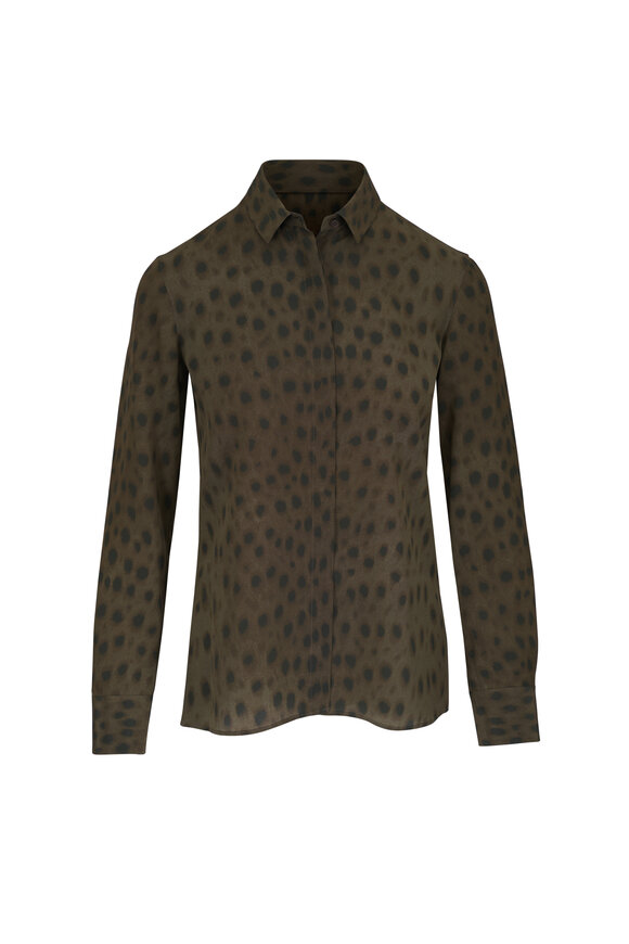 Akris Punto Bark Brown Animal Print Silk Blouse