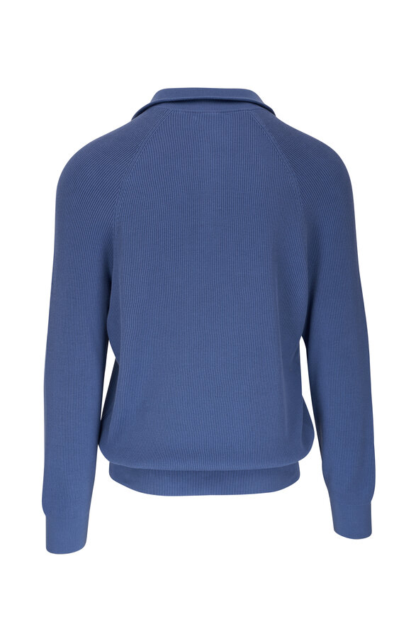 Brunello Cucinelli - Blue Ribbed Cotton Quarter Zip Sweater 