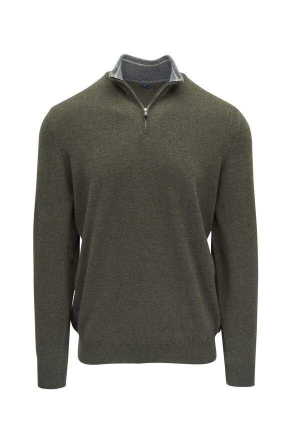 Fedeli Olive Green Cashmere Quarter Zip Pullover