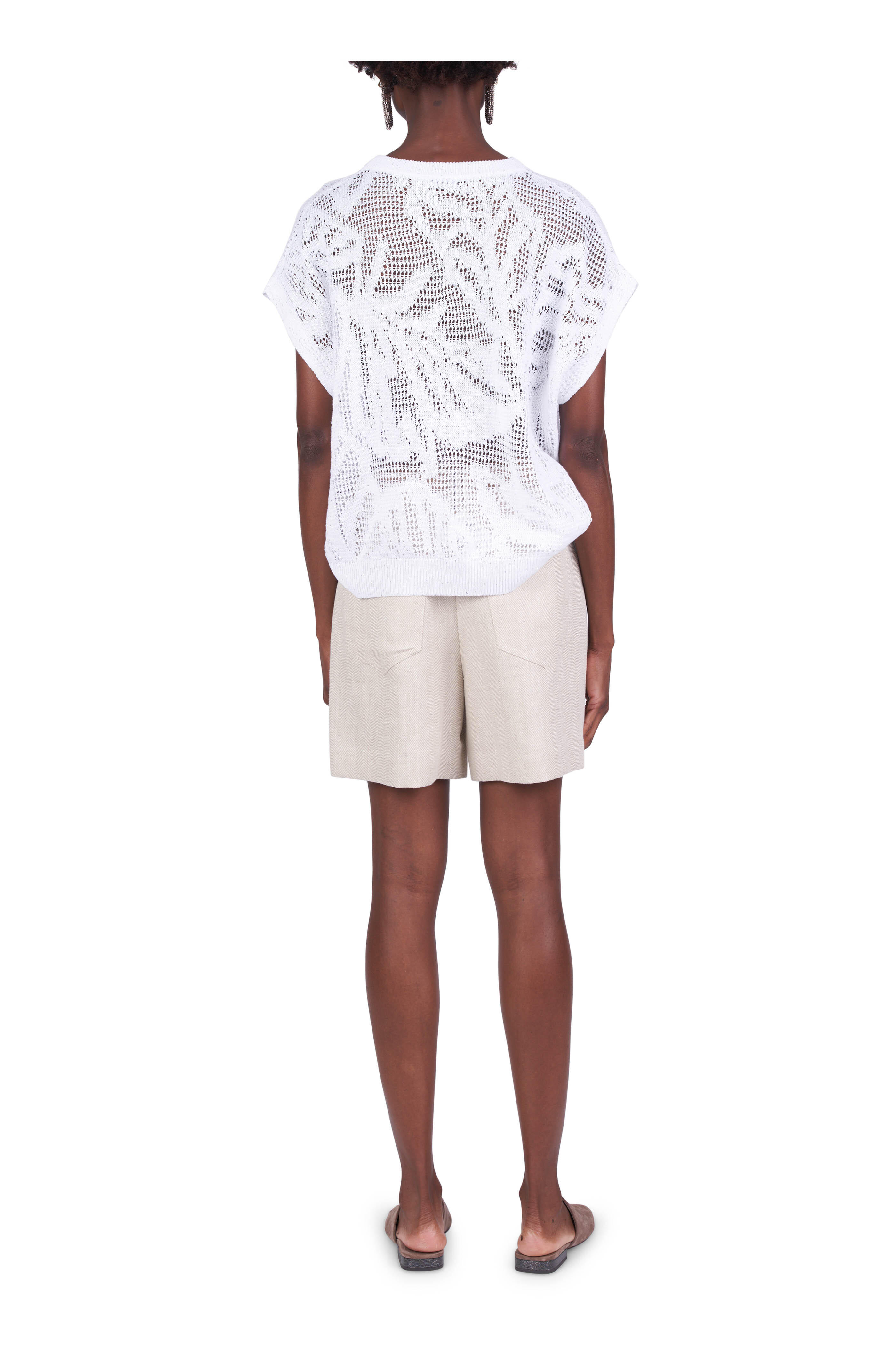 Brunello Cucinelli - White Linen Pailette Cap Sleeve Sweater