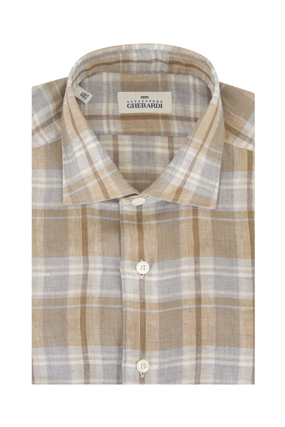 Alessandro Gherardi Gray & Beige Plaid Linen Dress Shirt
